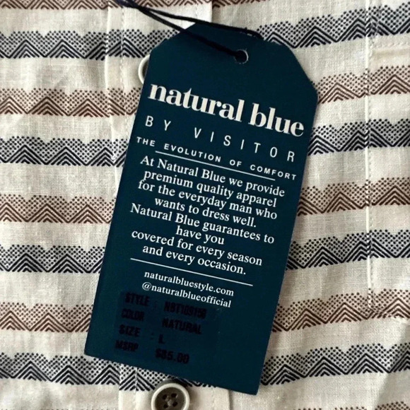 NATURAL BLUE Striped Shirt sz L Brown Blue & White LINEN/COTTON Short Sleeve NWT - Picture 9 of 10